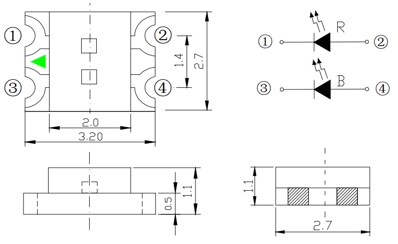 1206紅藍雙色LED燈珠尺寸圖 1206紅藍雙色LED燈珠尺寸圖