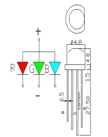 5.0mm小草帽RGB四腳LED燈珠尺寸及電路圖 5.0mm小草帽RGB四腳LED燈珠尺寸及電路圖
